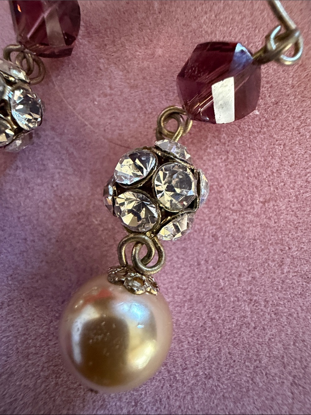 Purple, Pearl and Crystal Color Drop Earrings, 1.5”, (J0080) - Picture 3 of 3